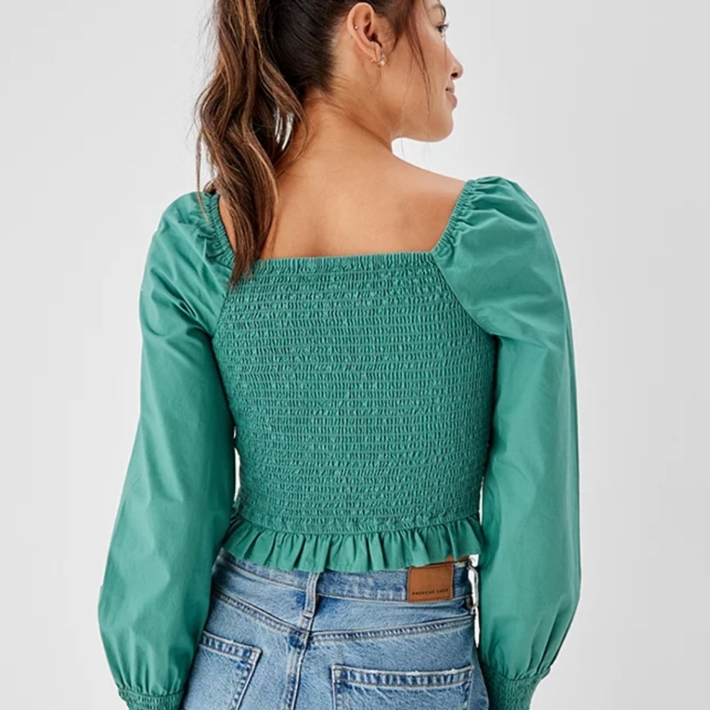 NWOT American Eagle Small Smocked Square Neck Ruffle Puff Sleeve Blouse - Picture 9 of 10